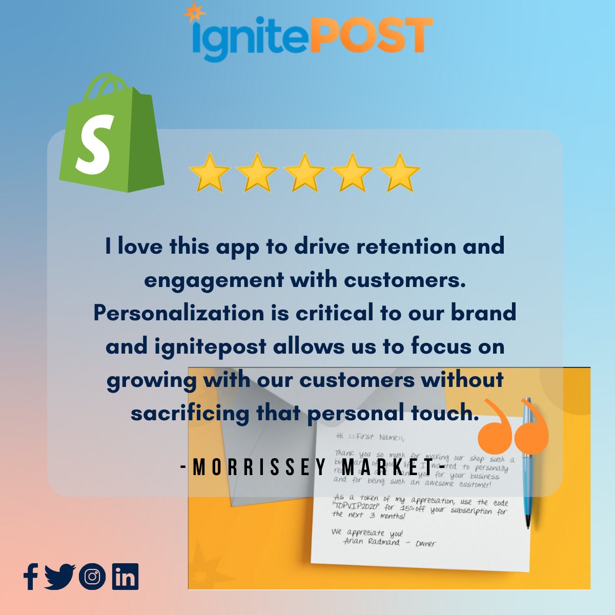 igniteposthq's tweet photo. A big thank you to Morrissey Market for leaving such a great review about our Shopify App! We're glad we could help you grow!

@MorrisseyMarket 
@Shopify 

#retention #engagement  #brand #growingcompany #personaltouch #customersatisfaction #handwrittennotes #personalizedmail https://t.co/z1B4eZTkdl