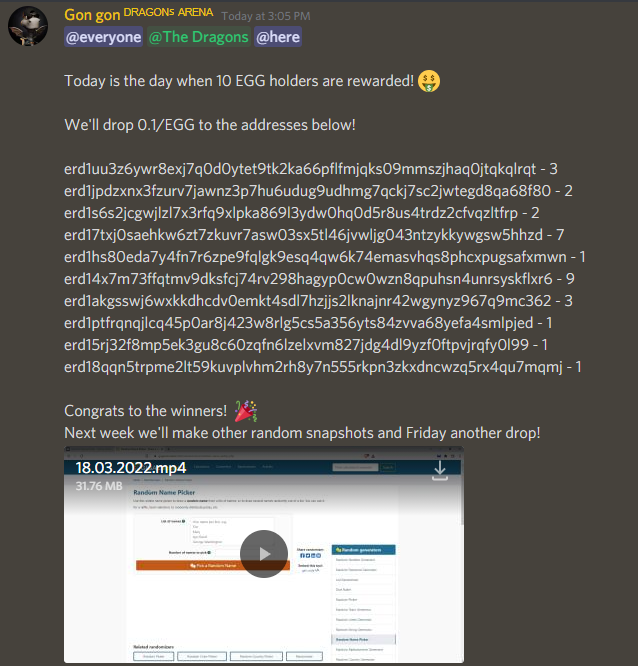 DragonsArena_io's tweet photo. Last chance to mint a Dragons Arena EGG at 0,7 $EGLD
Ends Friday 18 Mar 10PM UTC🔥
Mint: https://t.co/bihCDCvlYF
941/1000

Each Friday:
Weekly giveaway for 10 random holders

Each Saturday until Public sale:
1⃣🐳share 1 EGLD
2⃣Holders Giveaway for 2 Dragons Arena EGGS (2 x 1 EGG) https://t.co/RkYTi5pIYP