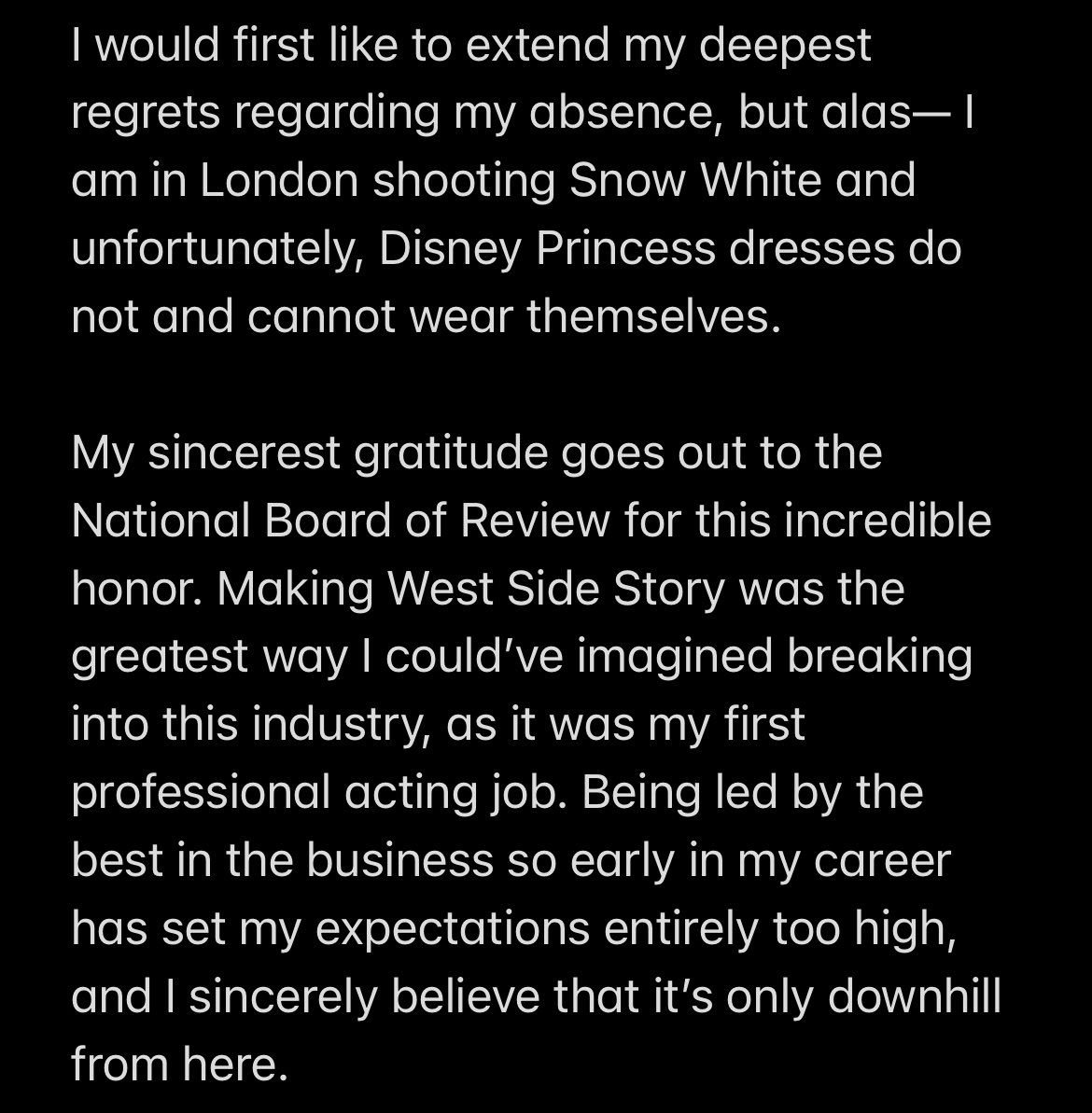 rachelzegler's tweet photo. i was awarded ‘best actress’ by @NBRfilm and while i wasn’t there to accept in person, i wanted to share my speech with you all. https://t.co/jxKhfk5haU