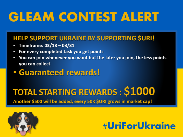 uri_inu's tweet photo. On top of today's buying competition, our 2 week during #GLEAM competition is now LIVE. 

Join here to win a part of the $1000 jackpot! 
https://t.co/iB0PBZSz3l
Every task gives points and more guaranteed income! 

#BSC $URI #URI #UriForUkraine #Giveaway #contest #Airdrop https://t.co/yPMmvK9akp