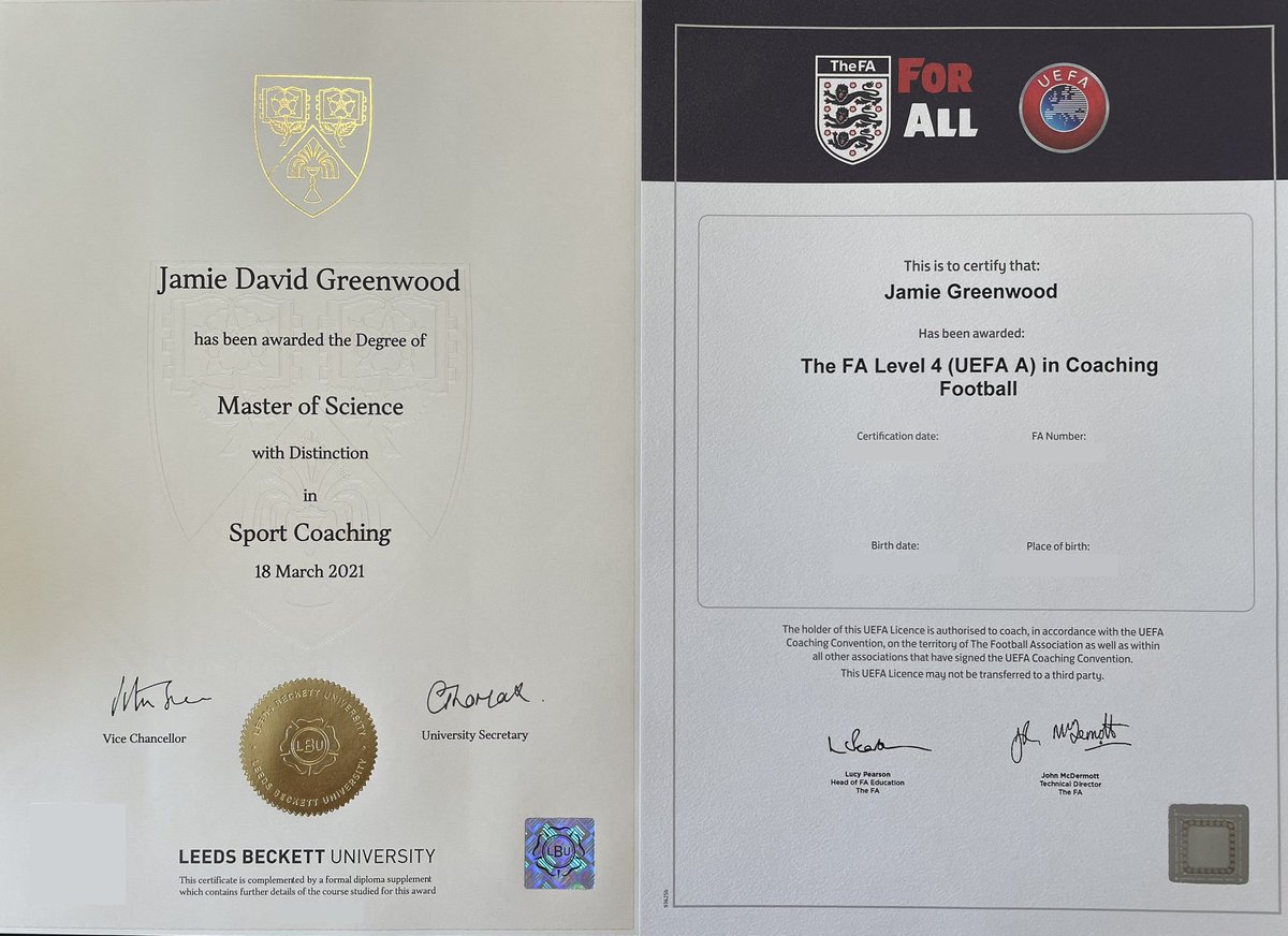 Jamie Greenwood (@_jamiegreenwood) on Twitter photo Really proud to have achieved both of these in the last year.
The opportunity to study with world leading staff at <a href="/CarnegieSpCoach/">Carnegie Sport Coaching</a> and to receive support from @smevsey for my A License has been transformative 🎓⚽️
Every late night and yonne of reading was worth it! Really proud to have achieved both of these in the last year.
The opportunity to study with world leading staff at <a href="/CarnegieSpCoach/">Carnegie Sport Coaching</a> and to receive support from @smevsey for my A License has been transformative 🎓⚽️
Every late night and yonne of reading was worth it!
