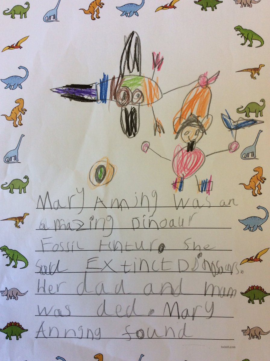 year1EPS's tweet photo. For British Science Week we learned about Mary Anning and her amazing discoveries that led to growth in knowledge about dinosaurs and prehistoric life. @ElmridgeScience #BritishScienceWeek https://t.co/1GdVoUQKsc