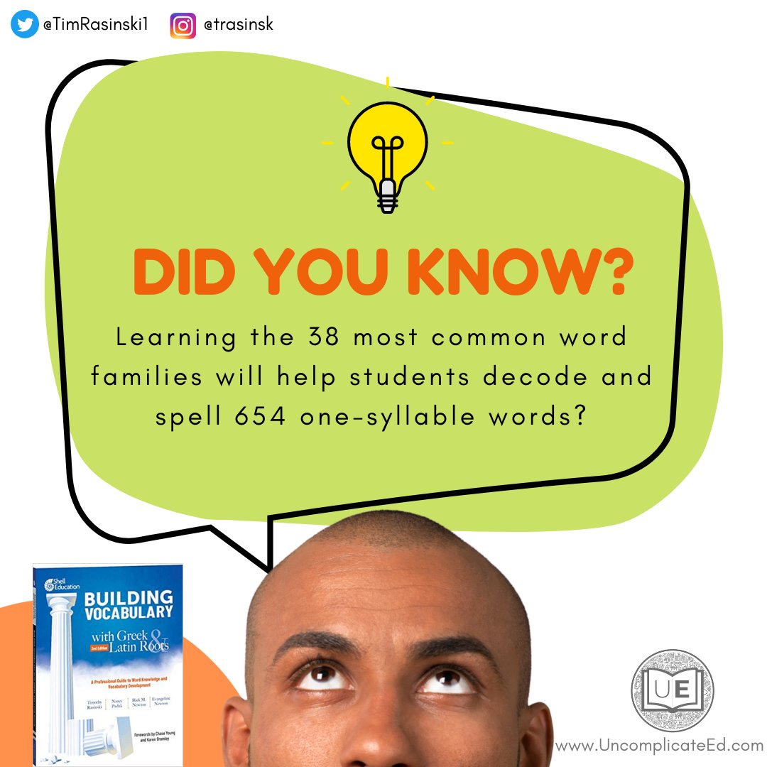 Uncomplicate Ed (@uncomplicate_ed) on Twitter photo Time spent in Kinder and 1st grade on these word families (rimes) is time well spent. Phonological awareness, phonics, and morphology come together to help students quickly read and spell over 650 words.
Check them out in <a href="/TimRasinski1/">Tim Rasinski</a> book "Building Vocabulary..." Time spent in Kinder and 1st grade on these word families (rimes) is time well spent. Phonological awareness, phonics, and morphology come together to help students quickly read and spell over 650 words.
Check them out in <a href="/TimRasinski1/">Tim Rasinski</a> book "Building Vocabulary..."