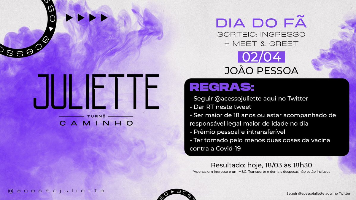 🌵 SORTEIO DIA DO FÃ: INGRESSO + M&amp;G - JOÃO PESSOA 🌵

Regras:
- Seguir <a href="/acessojuliette/">Acesso Juliette</a>
- Dar RT neste tweet
- O prêmio é individual e intransferível
Resultado: hoje, 18/03, 18h30
*Transporte e demais despesas não estão inclusos