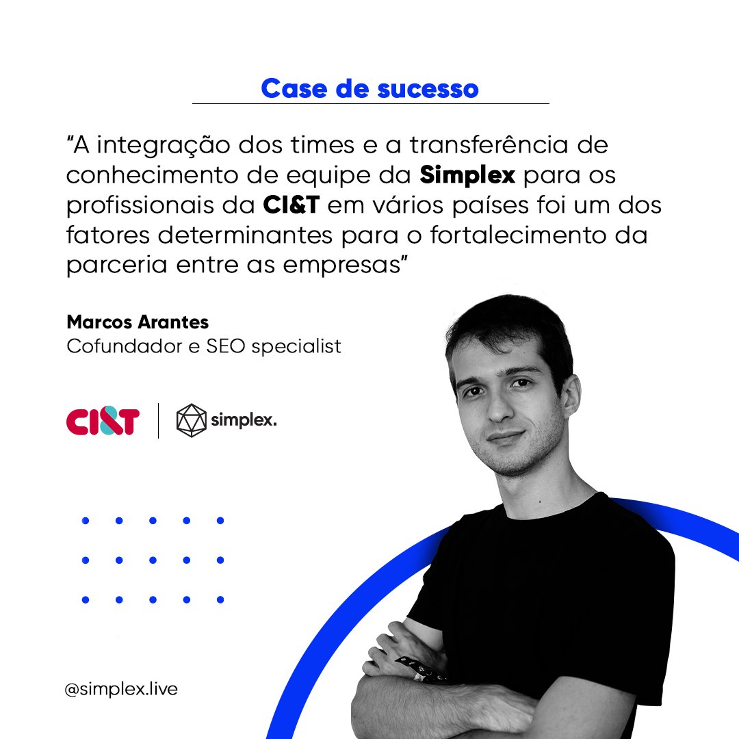 A @ciandt_BR aposta em #SEO inteligente e automatizado para ampliar o seu #brandawareness em escala mundial.
A curva de crescimento de junho de 2019 para janeiro de 2022, aumentou em quase 300%.
Quer saber mais sobre essa história de sucesso, acesse: bit.ly/simplexciandt