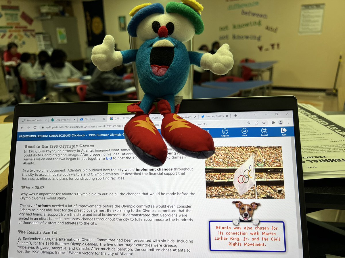 Teaching about the 1996 Atlanta Olympics and a student shows up with the mascot!! <a href="/SSCMSStallions/">SSCMS</a> <a href="/teachbetterteam/">Teach Better Team</a> <a href="/stayfrosty_esol/">Mary Frost</a> <a href="/Mr_Hytowitz/">Mr. Hytowitz</a> <a href="/FultonCoSchools/">FultonCountySchools</a> <a href="/GaDOE_SS/">GaDOE_SocialStudies</a> <a href="/FCSocialStudies/">Fulton County Social Studies</a> <a href="/JaytheTeacher1/">Ms. Torres</a>