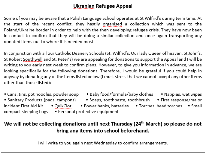 Please see below for details of an appeal run by our Catholic Deanery partners