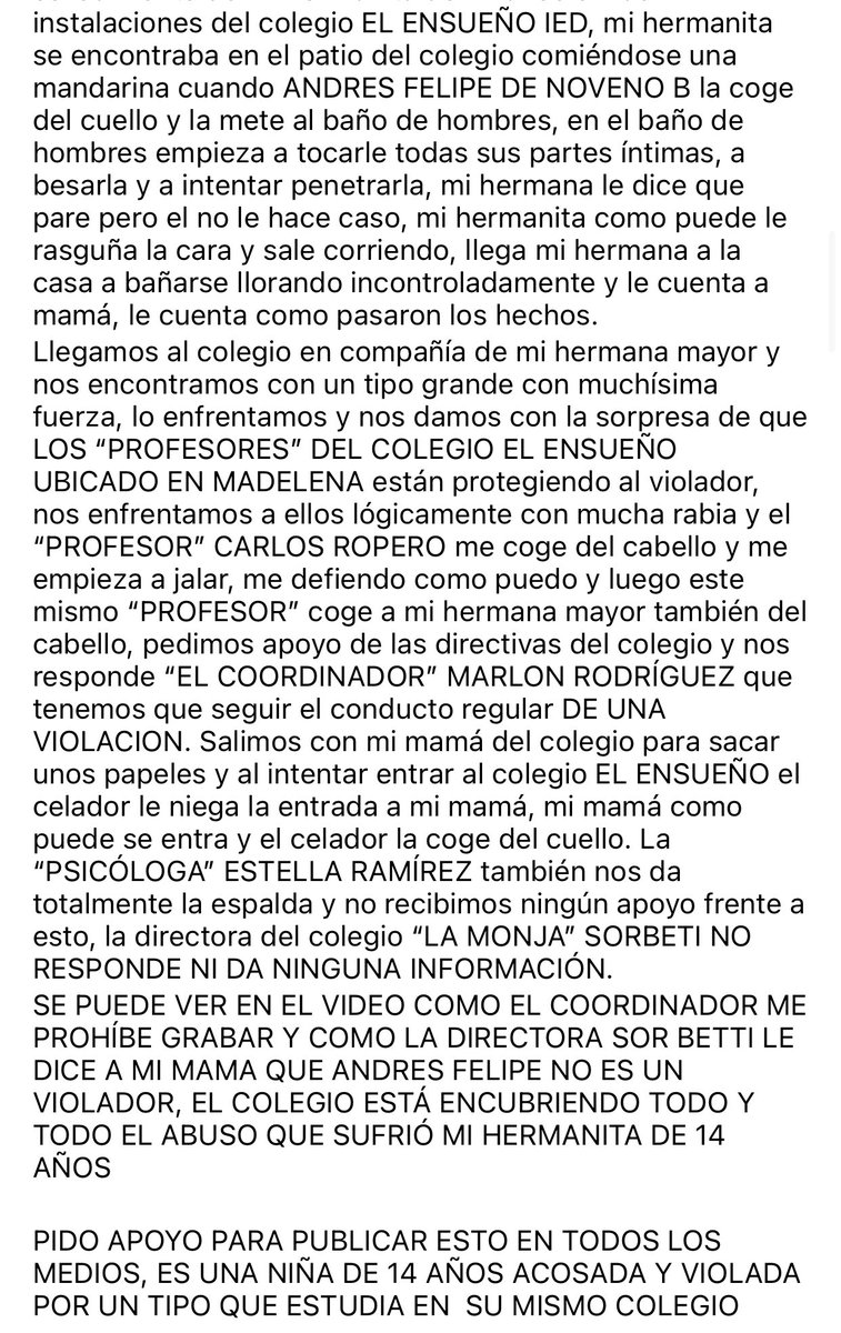 María Paula estaba comiéndose una mandarina en su colegio, un lugar que debería ser SEGURO, y la intentaron violar. El colegio está protegiendo al abusador. Publiquen, insistan, su familia nos está pidiendo replicar la información.