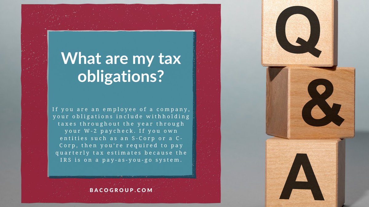 GroupBaco's tweet photo. There are a handful of different tax obligations based on your situation and employment. For more information on your tax obligations, visit https://t.co/H72VNFB0EV to read our Q&amp;A blog. 
#tax #accounting #qanda https://t.co/Dj8OL7iUJa