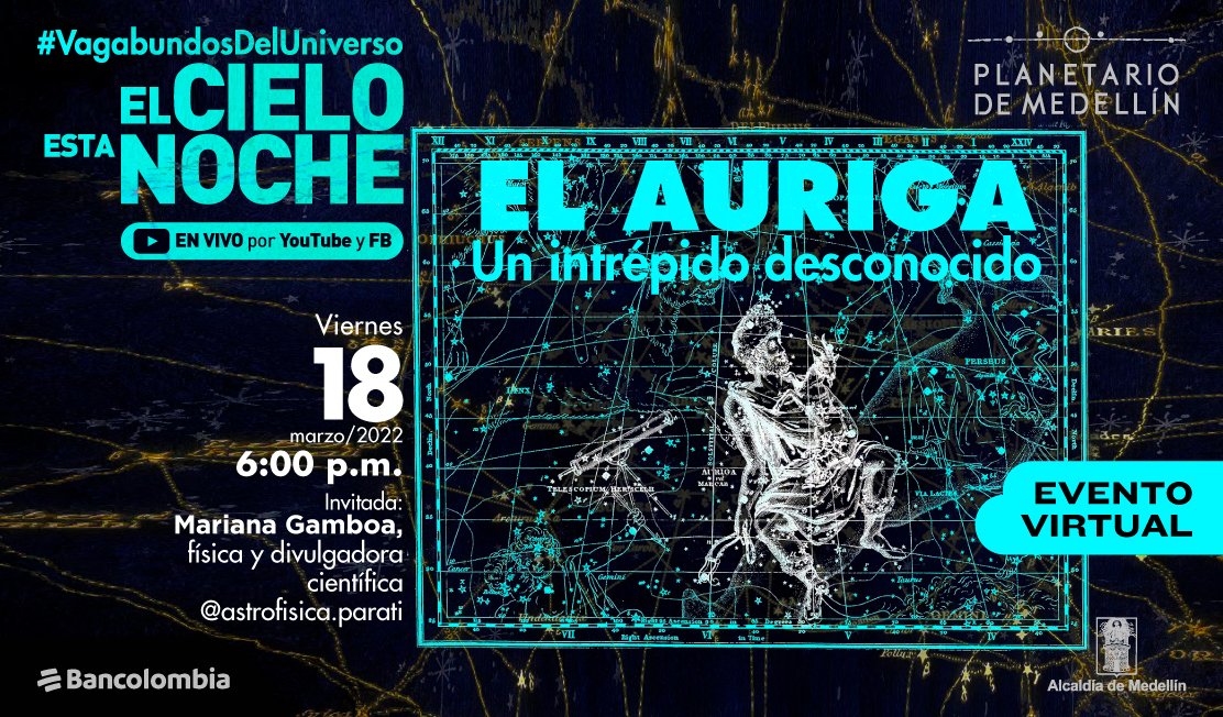 PlanetarioMed's tweet photo. HOY a las 6 pm te esperamos en #ElCieloEstaNoche para conocer la historia mitológica del Auriga, ¿qué hace en el cielo un carro tirado por caballos? Además hablaremos sobre por qué Plutón dejó de ser un planeta. con @AstrofisicaP 

https://t.co/6s3mzYBUpz https://t.co/0ILxQ9XmP0