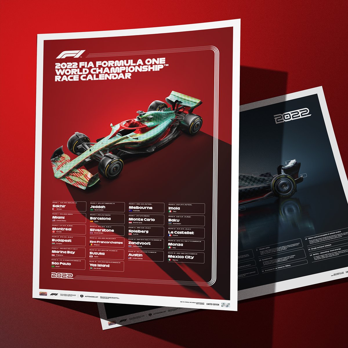 IAmAutomobilist's tweet photo. The @F1 Season 2022 Calendar is here, officially licensed by Formula 1ยฎ
Featuring the first F1 car prototype, implementing the new regulation changes, and all the 22 races of the 2022 season.
https://t.co/DaJXopBKAo
#F1 #F12022 #F1Calendar #RegulationChanges #F1Poster https://t.co/w53qnK1TEY