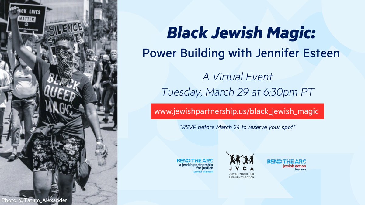 YOU'RE INVITED: Join us on Tues 3/29 for Black Jewish Magic: Power Building with Jennifer Esteen to discuss intersections of public Jewish identity &amp; pursuing justice with this renowned nurse, union organizer, mother, &amp; proud queer Black Jew.

RSVP today: jewishpartnership.us/black_jewish_m…