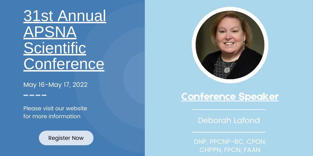 APSNAnurse's tweet photo. Join us for our Conference where we'll be joined by Deborah Lafond! ✨ With a Doctorate in Nursing Practice, she became a Cambia Health Foundation Sojourns Scholar &amp; was Clinical Director of the PANDA Palliative Care Team at Children's National Hospital. https://t.co/SPP6l9e2gW https://t.co/DmnZzl5zJw