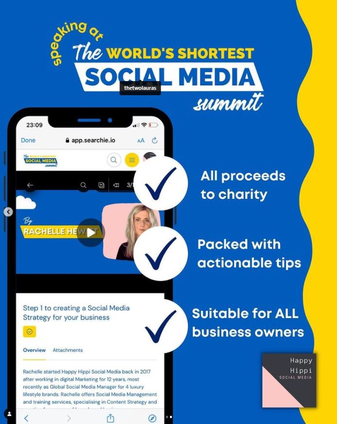 I've just watched 'Your 1st Step to a Social Media Strategy' with <a href="/HappyHippiSM/">Happy Hippi Social Media</a>  in #worldsshortestsummit 
Donate and get instant access to over 100 Social Media Experts sharing their tops tips nuggets of wisdom thetwolauras.com/ukraine
#socialmediatips #socialmediastrategy