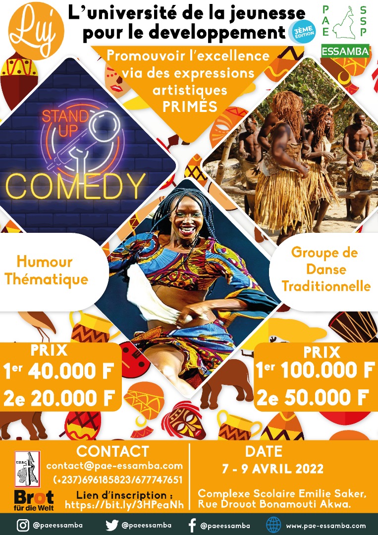 DieudonneChefor's tweet photo. The Student Support Program Essamba is organising the 3rd edition of LUJ.  
To make this event more exciting, a traditional dance group and theme base humour competition is organised and best will be rewarded. 
Register freely via the link: https://t.co/WPuPeGb14V @DebeyPamela https://t.co/DRQXirFckT