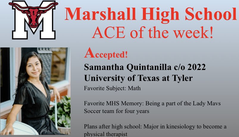 Congratulations to senior Sammy Quintanilla on being this week’s ACE of the week! Sammy has been accepted to UT-Tyler where she will continue her education. We are so proud of you!
