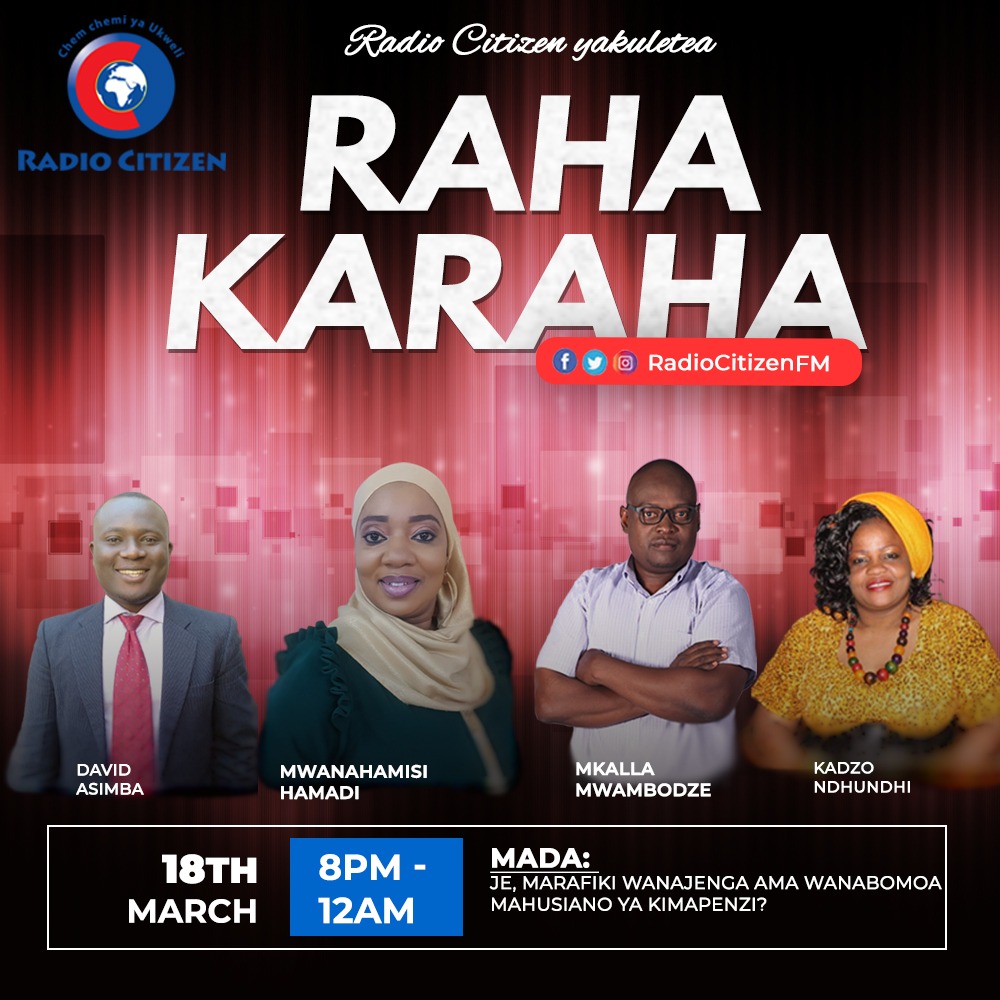 Je, Marafiki wanajenga ama wanabomoa mahusiani ya kimapenzi? <a href="/MkallaMwambodze/">mkalla mwambodze</a> @MwanahamisiHamadi <a href="/Mcasimba/">MCAsimba</a> <a href="/kadzondhundhi/">kadzondhundhi@gmail.com</a> <a href="/nyambega_jared/">Jared Nyambega Ekwinini</a> #Rahakaraha #RadioNumberOne