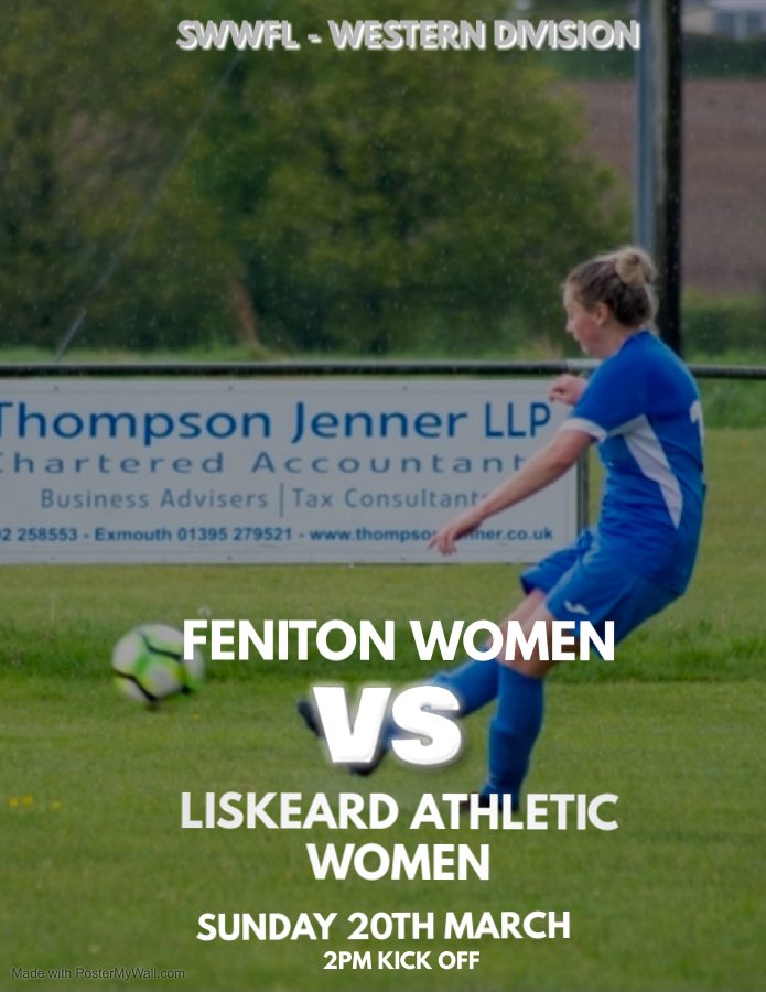 📣SUNDAY’S FIXTURE

Feniton Women are back at Acland Park this weekend as we welcome <a href="/LiskAFCWomen/">Liskeard Athletic Women FC</a> for the first time this season.

Come along and support us for what is going to be a competitive fixture👊🏼

#UTF💙 #FWFC