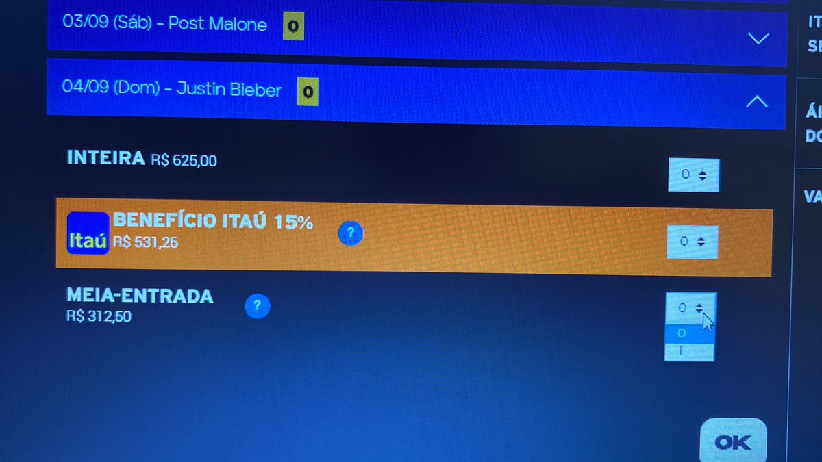 Ainda tenho vaga de uma meia (70,00 a vaga) e quatro inteiras (50,00 a vaga) pra comprar na pré venda do dia 4 do Justin pelo meu rock in rio club