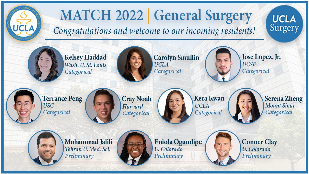 UCLA General Surgery Residency Program (@uclasurgeryres) on Twitter photo We are thrilled to announce our newly matched <a href="/UCLASurgeryRes/">UCLA General Surgery Residency Program</a> categorical and prelim residents! Congratulations on your #GenSurgMatch2022, and we can't wait to work with you starting in June! <a href="/dgsomucla/">David Geffen School of Medicine at UCLA</a> <a href="/CarolynSmullin/">Carolyn Smullin, MD</a> <a href="/terrancepeng/">Terry Peng, MD, MPH</a> <a href="/MohammadHJalili/">Mohammad H. Jalili</a> <a href="/EniolaOgundipe/">Eniola Ogundipe</a> We are thrilled to announce our newly matched <a href="/UCLASurgeryRes/">UCLA General Surgery Residency Program</a> categorical and prelim residents! Congratulations on your #GenSurgMatch2022, and we can't wait to work with you starting in June! <a href="/dgsomucla/">David Geffen School of Medicine at UCLA</a> <a href="/CarolynSmullin/">Carolyn Smullin, MD</a> <a href="/terrancepeng/">Terry Peng, MD, MPH</a> <a href="/MohammadHJalili/">Mohammad H. Jalili</a> <a href="/EniolaOgundipe/">Eniola Ogundipe</a>