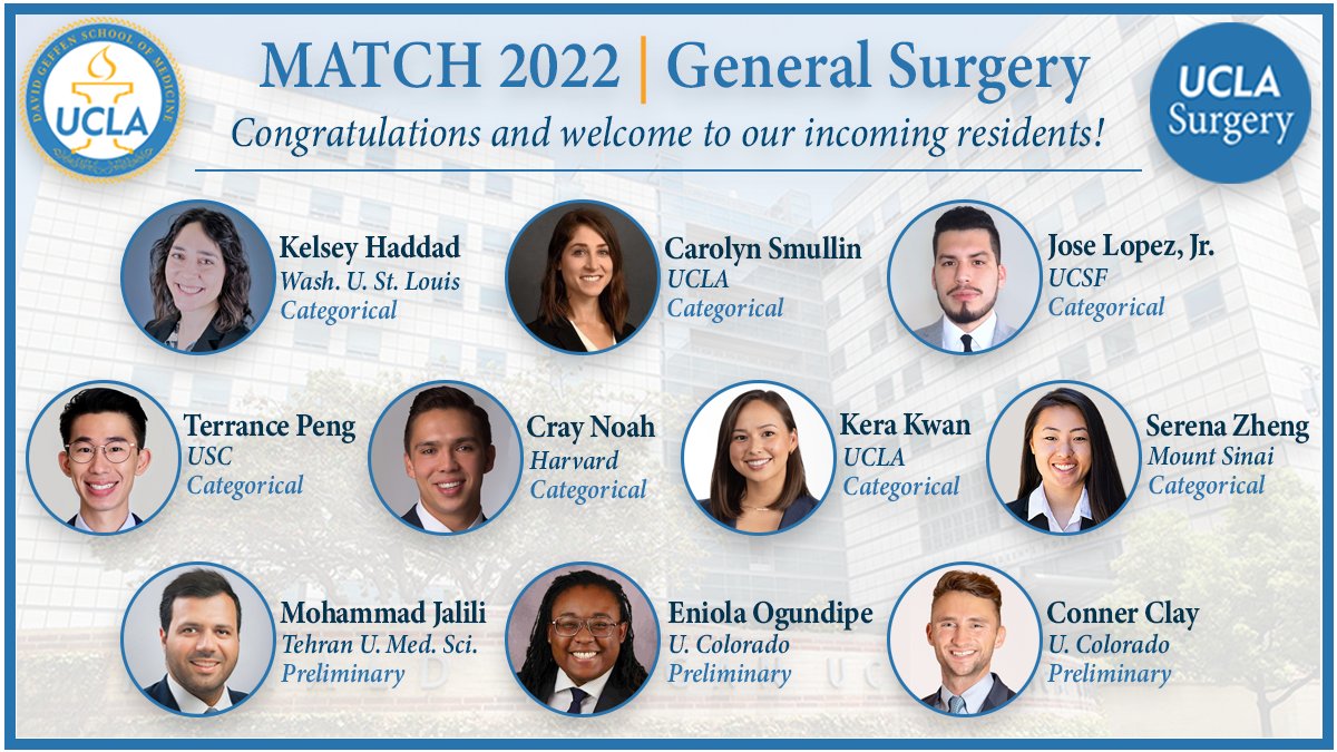 We are thrilled to announce our newly matched @UCLASurgeryRes categorical and prelim residents! Congratulations on your #GenSurgMatch2022, and we can't wait to work with you starting in June! @dgsomucla @CarolynSmullin @terrancepeng @MohammadHJalili @EniolaOgundipe