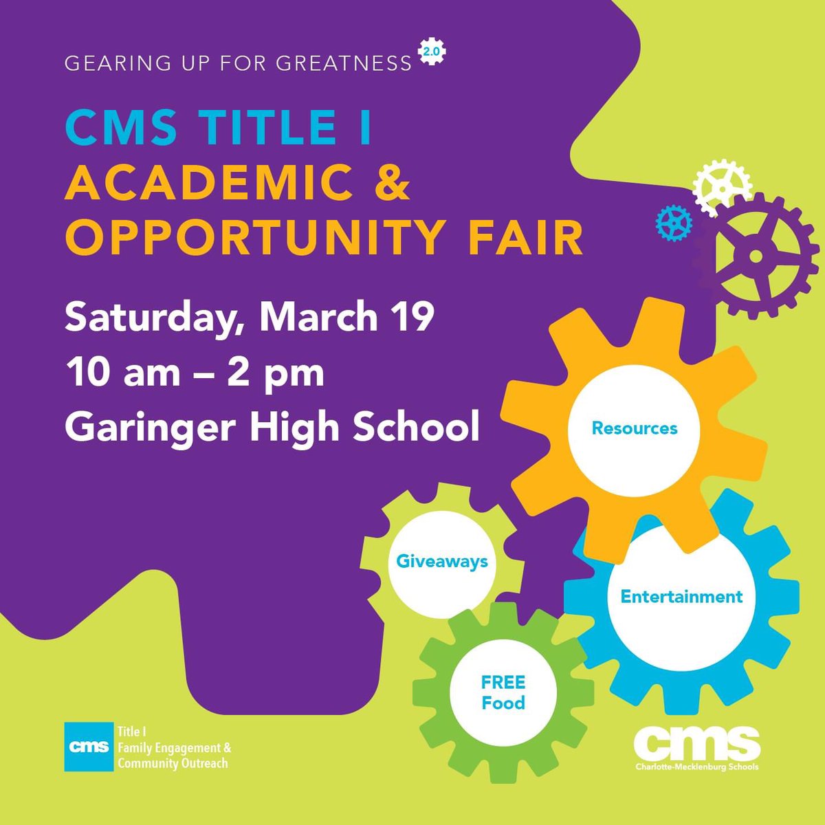 Academic and Opportunity Fair at Garinger High School 3/19/22 from 10 a.m. - 2 p.m. Explore resources including information on admissions, scholarships and employment. Enjoy free food, entertainment and giveaways – including STEM kits for kids! Learn more: bit.ly/March19FAIR