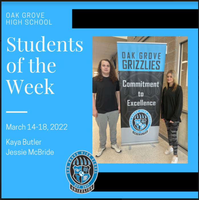OakGroveHS's tweet photo. Congrats to Kaya Butler &amp; Jessie McBride, this week's OGHS Students of the Week!  #GrizzlyPride for these student's leadership by example &amp; efforts to #BeOG! @oakgroveden @OghsStuco @StudentSvcsOGHS @OGHSAthletics #BearDown #OGHSFamily https://t.co/4k1mybSuA5