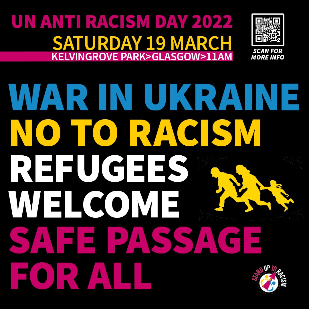SUTRScotland's tweet image. 📢Calling all anti-racists!
Tomorrow we take to the streets w/ thousands around the planet for a #WorldAgainstRacism
#MarchAgainstRacism to say #AllRefugeesWelcome and deal a blow to the #NationalityAndBordersBill  
📍Assemble Kelvin Way 11am
📍Marching to George Square for rally