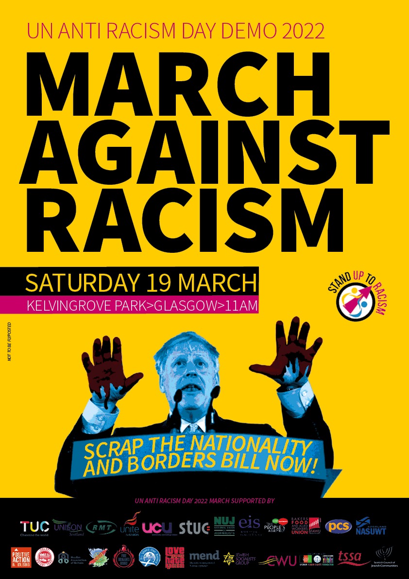 SUTRScotland's tweet image. 📢Calling all anti-racists!
Tomorrow we take to the streets w/ thousands around the planet for a #WorldAgainstRacism
#MarchAgainstRacism to say #AllRefugeesWelcome and deal a blow to the #NationalityAndBordersBill  
📍Assemble Kelvin Way 11am
📍Marching to George Square for rally