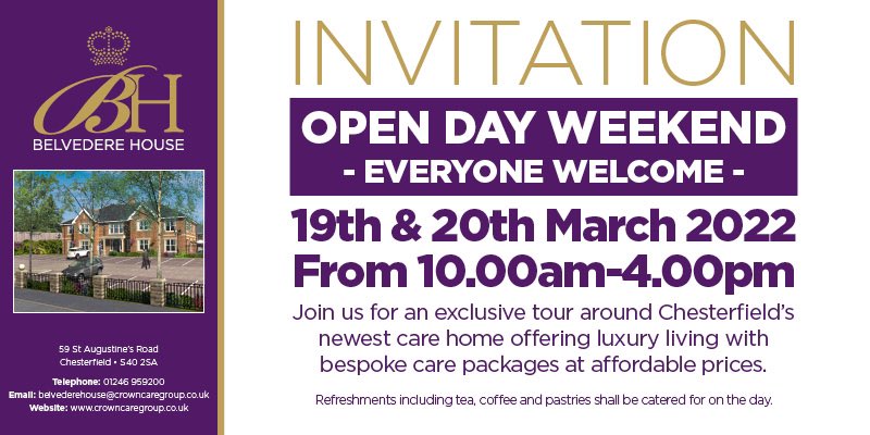 Proud to be part of another amazing Crown Care Group Home - Chesterfield #carehome open weekend, all welcome.  Belvedere House will be opening their doors at 10am on 19th &amp; 20th March to showcase their brand new home #Chesterfield #dementiacare #residentialcare  info below 👇