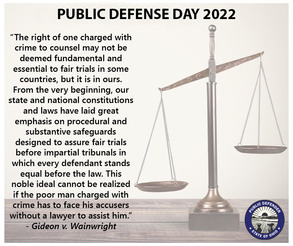 Public Defense Day is a time to recognize the important work of public defender agencies. The OPD extends our thanks & appreciation for all indigent defense professionals in Ohio who represent & advocate on behalf of those who cannot afford counsel.
#NationalPublicDefenseDay