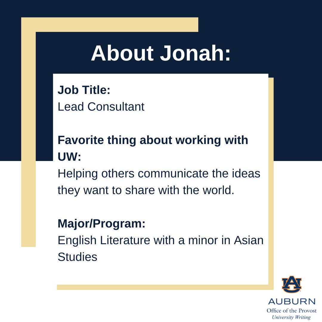 UnivWritingAU's tweet photo. Today we're putting lead consultant Jonah in the University Writing Spotlight! Scroll through these images to learn more about him. #UniversityWriting #AuburnUniversity #Auburn #WritingAtAU #auburnuniversity https://t.co/fpu6ZdBauO