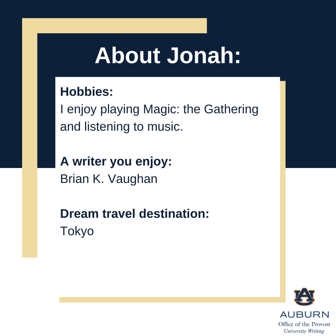 UnivWritingAU's tweet photo. Today we're putting lead consultant Jonah in the University Writing Spotlight! Scroll through these images to learn more about him. #UniversityWriting #AuburnUniversity #Auburn #WritingAtAU #auburnuniversity https://t.co/fpu6ZdBauO