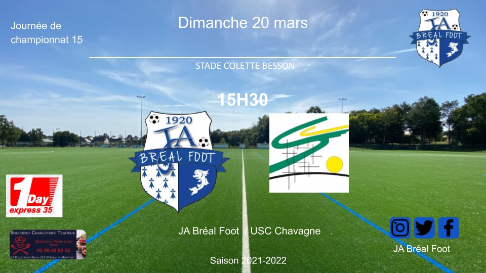 FootJa's tweet image. ￼⚽️Programme séniors 
Dimanche 20 mars

- Sénior A 15h30 à Vern : Vern US vs JA Bréal 

- Sénior B 15h30 à Guignen : US Guignen vs JA Bréal

- Sénior C 15h30 à Bréal : JA Bréal vs USC Chavagne