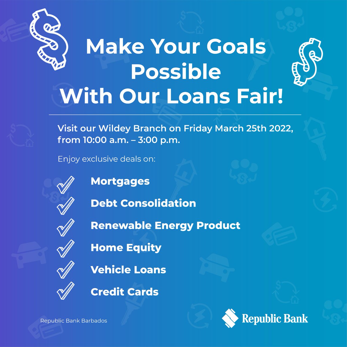 We're putting your plans to action and making it all possible at our Loans Fair! Visit our Wildey Branch on Friday, March 25th from 10:00 a.m. to 3:00 p.m. Let's help you make your goals a reality! Renewable Energy service provider Energy Consultant will be on site!
