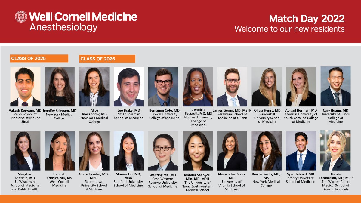 WCMAnesthesia's tweet photo. Happy #MatchDay2022!๐We're thrilled to announce our new residents and welcome them to the #WCMAnesthesia family! #WCMMatchDay ๐๐ https://t.co/UM2Lnsbo6j