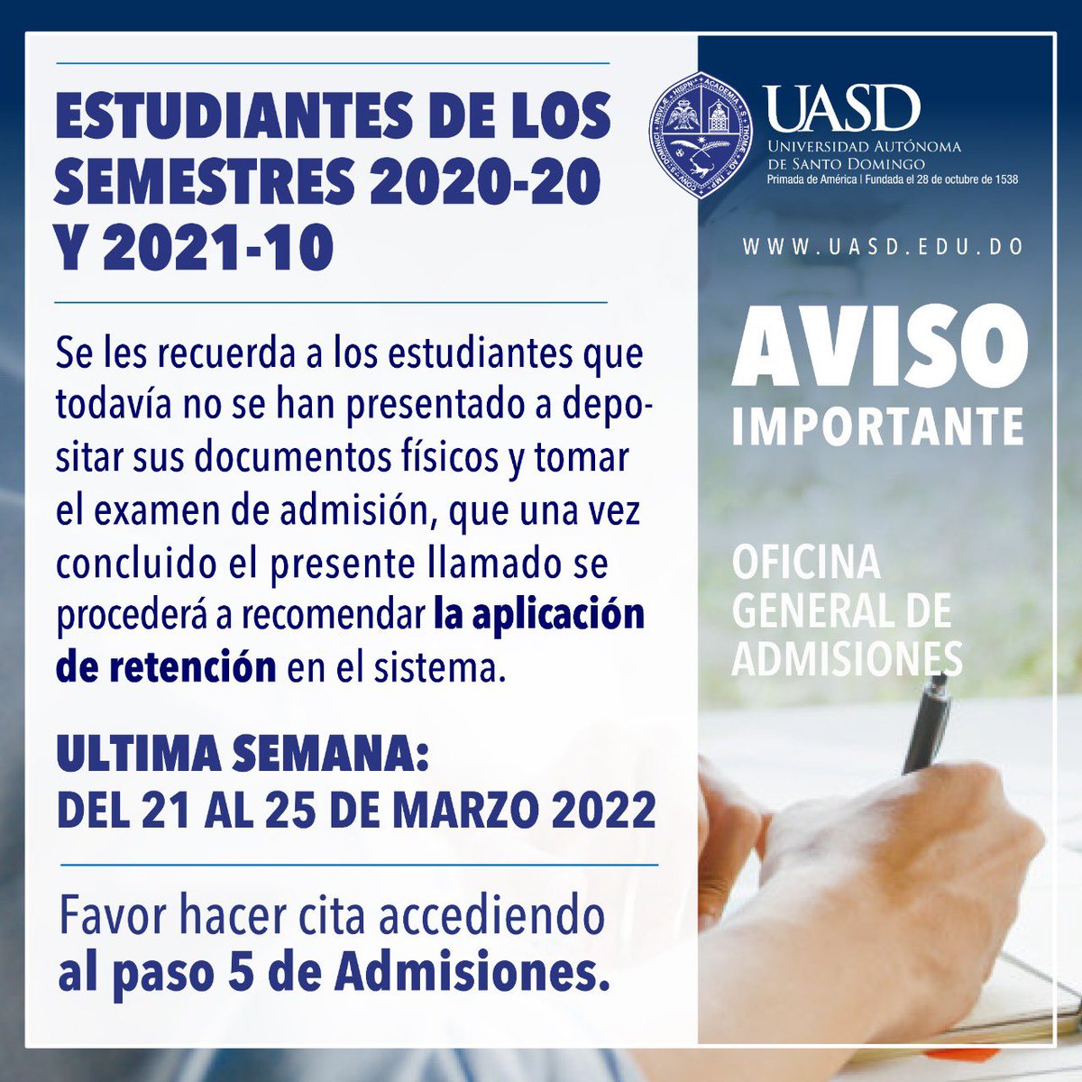 UniversidadUASD's tweet photo. ¡Atención estudiantes! https://t.co/inGVSJDDtU