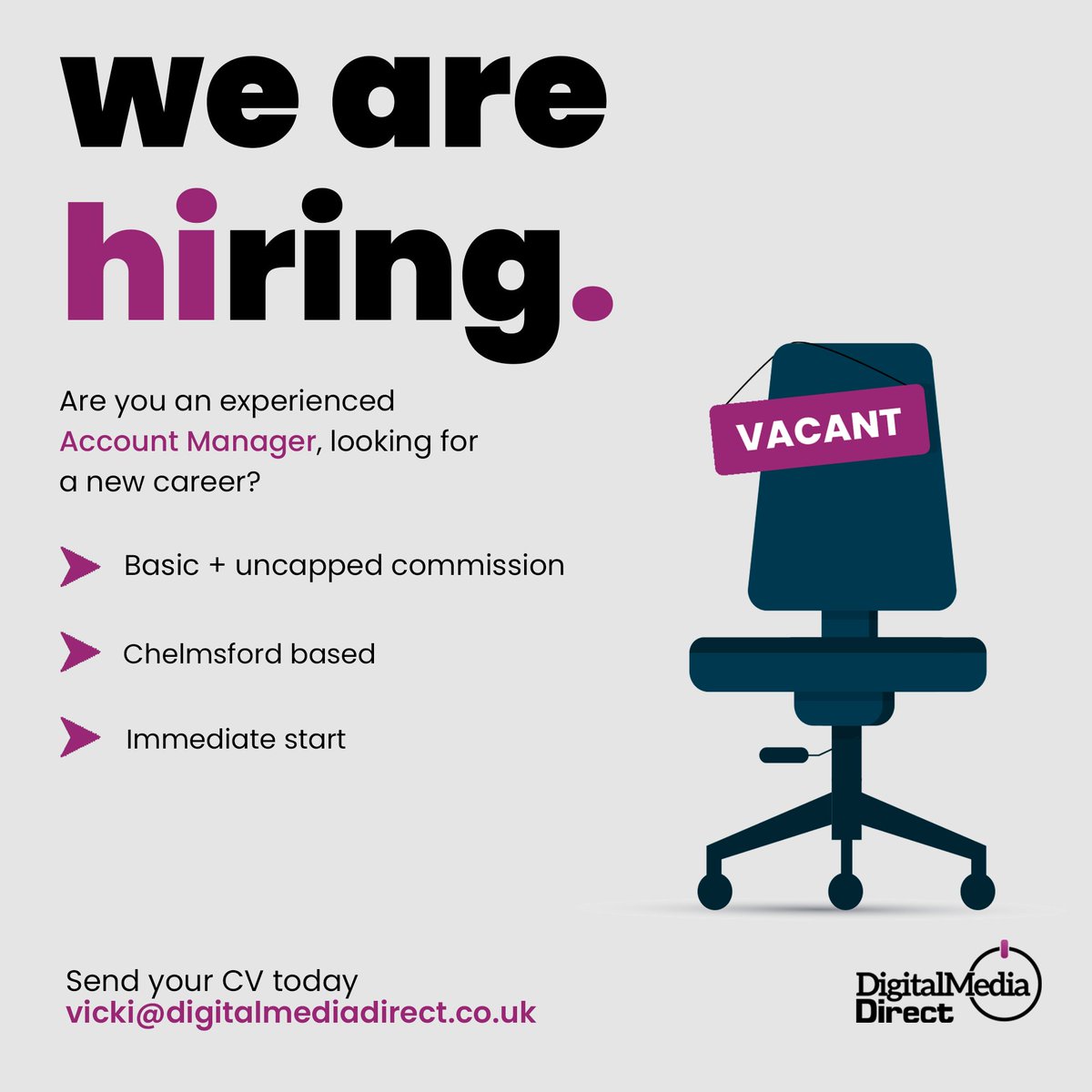 WE ARE HIRING 🤝 
💼 - Account Manager
💰- £55,000 on target earnings
📍- Chelmsford
📧 - vicki@digitalmediadirect.co.uk
🖥 - digitalmediadirect.co.uk

#accountmanager #accountmanagement #mediasales #digitalsales #billboardsales #B2B #digitalmediasales #digitaloutofhome #dooh