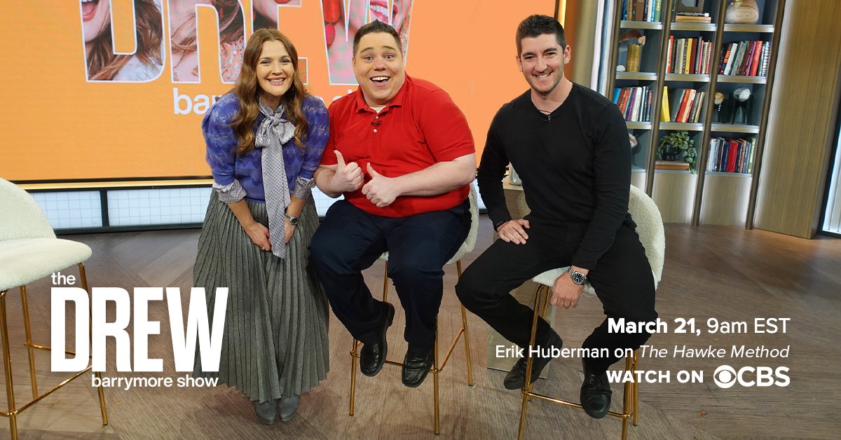 ErikHuberman's tweet photo. I am excited to announce that I will be featured on the @DrewBarrymoreTV Show presenting my new book #TheHawkeMethod this upcoming Monday! Tune in on @CBS at 9AM EST and see me speak with none other than @drewbarrymore, and a special guest! https://t.co/vQg62u03Fr