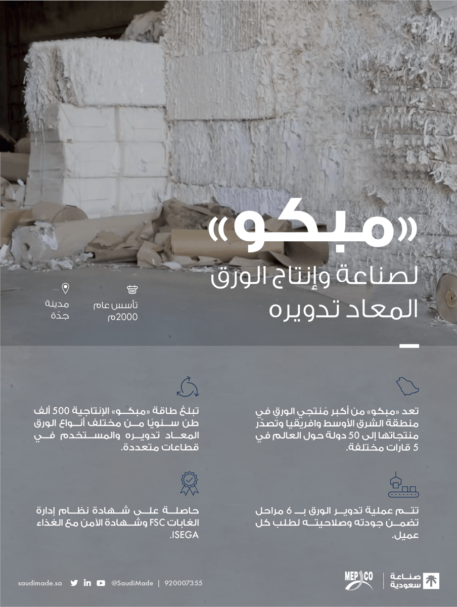 SaudiMade's tweet photo. تصل مُنتجات "مبكو @_mepco_" لصناعة وإنتاج الورق المعاد تدويره إلى 50 دولة حول العالم، بطاقة إنتاجية تصل إلى 500 ألف طن سنويًا من مختلف أنواع الورق المعاد تدويره.

#يوم_التدوير_العالمي https://t.co/4XtKh6HkpB