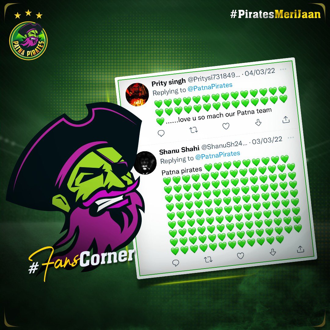 PatnaPirates's tweet photo. All the “💚” making our day shine brighter🥰
.
.
.
#PatnaPirates #PiratesMeriJaan #PirateHamla #PiratePanti #FanCorner #VivoProKabaddi #Kabaddi @Pritysi73184939 https://t.co/Su92lilGqJ