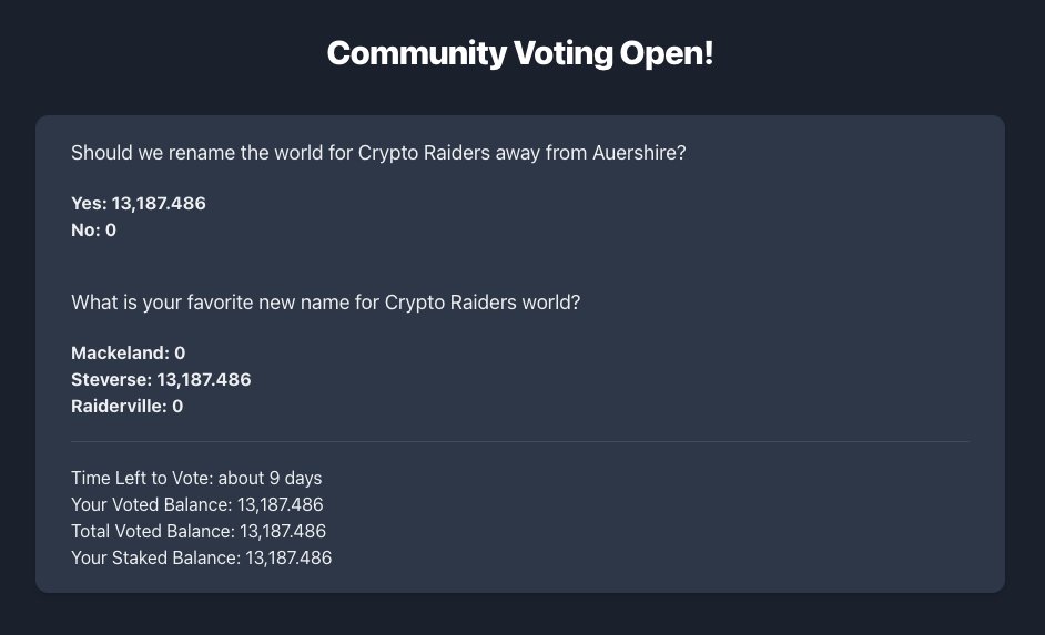 crypto_raiders's tweet photo. We built a governance protocol for staked $RAIDER 📊

We are very excited to test this voting mechanism, and expanding ways that the community can vote on in-game decisions, features, ideas, etc. 🚀

*Questions are samples and do not represent an actual vote* https://t.co/nzRCHUfP6S