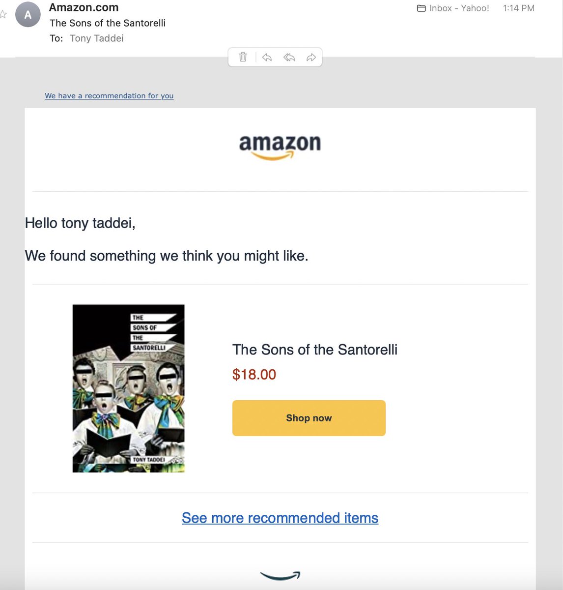 tony_taddei's tweet photo. When Amazon sends you an email recommending your own book to you …
For a second get excited until you realize that machines are not actually your friends. https://t.co/EEcVD8TiXe
