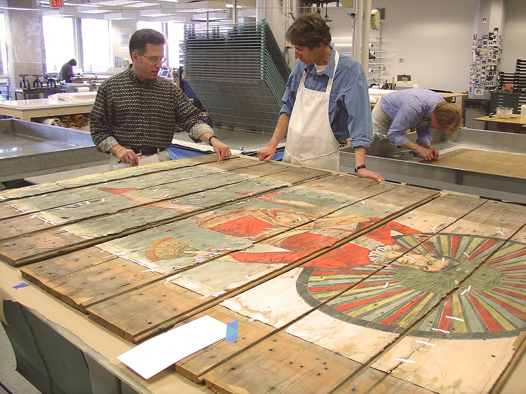 NEDCCInfo's tweet photo. #VTMuseums Day #conservation highlight: In 2010, @ShelburneMuseum presented NEDCC w/ historically significant #circus posters that were adhered to the side of a house in the 1880s. The posters document a bitter rivalry. Here's the story: https://t.co/e4KBfkBQWf! #NewEngMuseumWeek https://t.co/ixFW683dkx