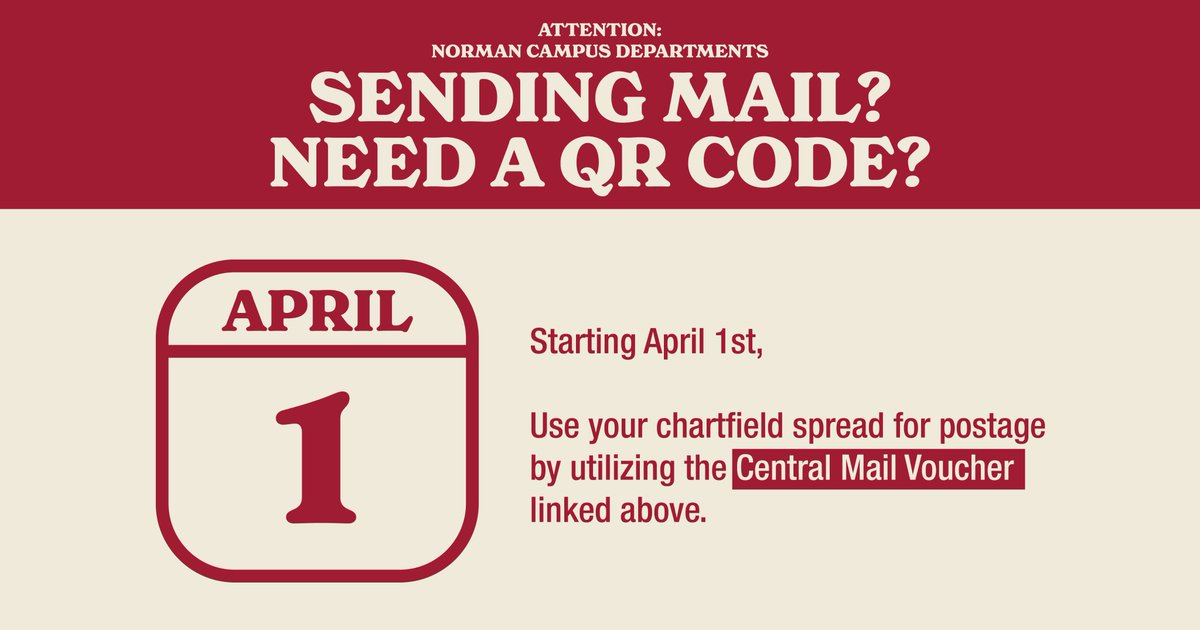 OUPrinting's tweet photo. https://t.co/Ey2OrKl73S
Starting April 1st, Central Mail will not be able to process outgoing mail without this required form.
Questions? Email centralmail@ou.edu. https://t.co/XRzJwgZix7