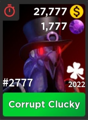 emrhriz's tweet photo. ⚠️ Limited Stuff ⚠️

⏰ Corrupt Clucky and Fae's Lament will go on sale Saturday March 19 at 12.00 p.m eastern time

Don't miss out ! 🍀

#survivethekiller #StPatricksDay #Roblox https://t.co/3gktiAe6lN