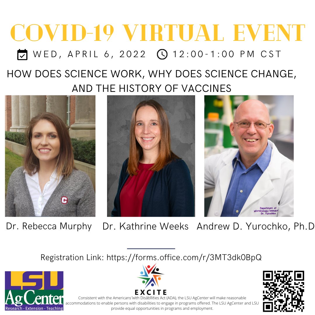 LSUAgCHealthHub's tweet photo. 🚨 NEW FORUM!!!
We will be hosting a new COVID-19 virtual forum a couple of weeks from now!
Don't miss it!

Date: April 6, 2022 12:00-1:00 pm CST
How Does Science Work, Why Does Science Change, and the History of Vaccines

Here is the registration link:
https://t.co/HoiAlV9sSy https://t.co/ti3Pe3DonQ