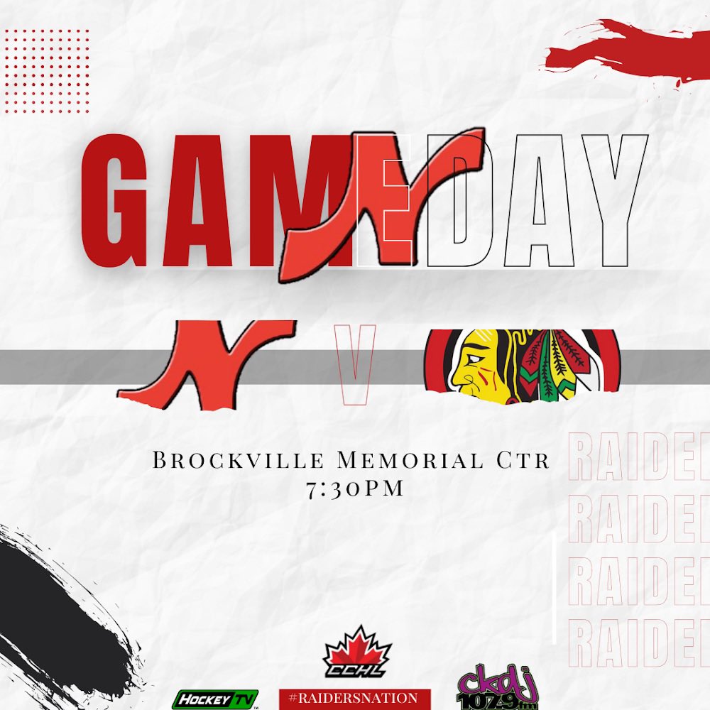 Nepeanraiders's tweet photo. ⚔️Game Day⚔️

🆚 | @BrockBraves 
📍 | #BrockvilleMemorialCenter
⏰ | 7:30pm
📺 | @MyHockeyTV 
📻 | @CKDJ1079 

#RaidersNation🔴⚪️ #NEPvsBRO #CCHL #Nepean #Raiders #Brockville #JrA #Hockey #HockeyTV #CKDJ https://t.co/UbXNyXciGn