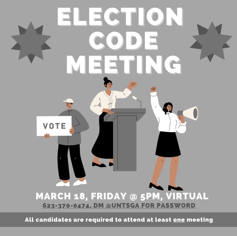 UNTSGA's tweet photo. 📢 We’ve added two additional Election Code Meetings! Today’s is at 5 p.m. via Zoom. As a reminder, all candidates are required to attend at least one meeting. Please DM us for the Zoom password! 💚

Contact sgaelections@unt.edu with any questions or concerns. 🦅 #UNT #UNTSGA https://t.co/TtKjA8ASIB