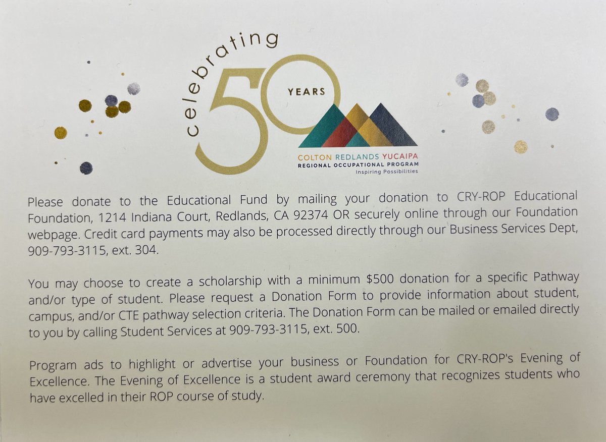 CRYROP's tweet photo. #CRYROP Purchase an ad in our annual Evening of Exellence program &amp; help students in their future careers. More info https://t.co/6Ou5rYSvUj. @ColtonJUSD @RedlandsUSD @YCJUSTWEETS @IEEP_ @_IECA_ @_IERCC @ToyotaRedlands @ArrowheadRMC @CityofColton @CityofRedlands @CityofYucaipa https://t.co/JvhkDlKDKc